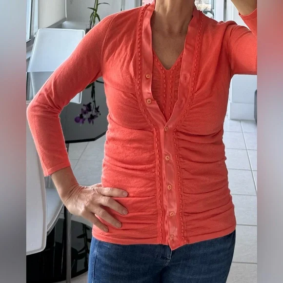 Oscar de la Renta cardigan twin set, knit cashmere/silk, coral